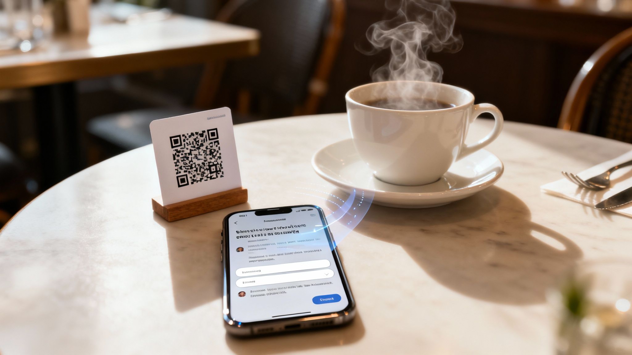 A smartphone interacting with a QR code stand on a cafe table, next to a steaming cup of coffee.
