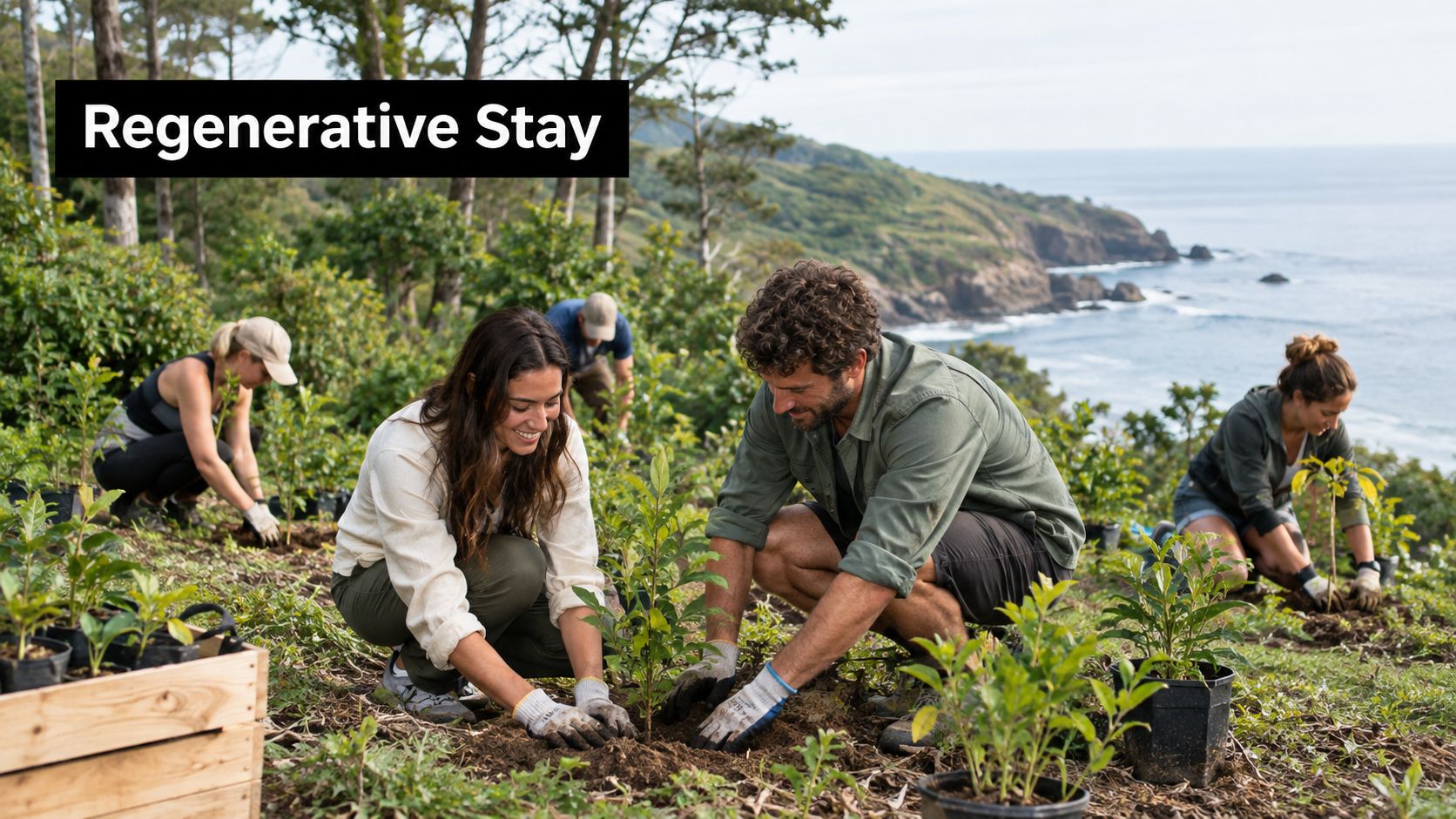 A group of volunteers planting saplings together on a sunny hillside overlooking the ocean for restoration.