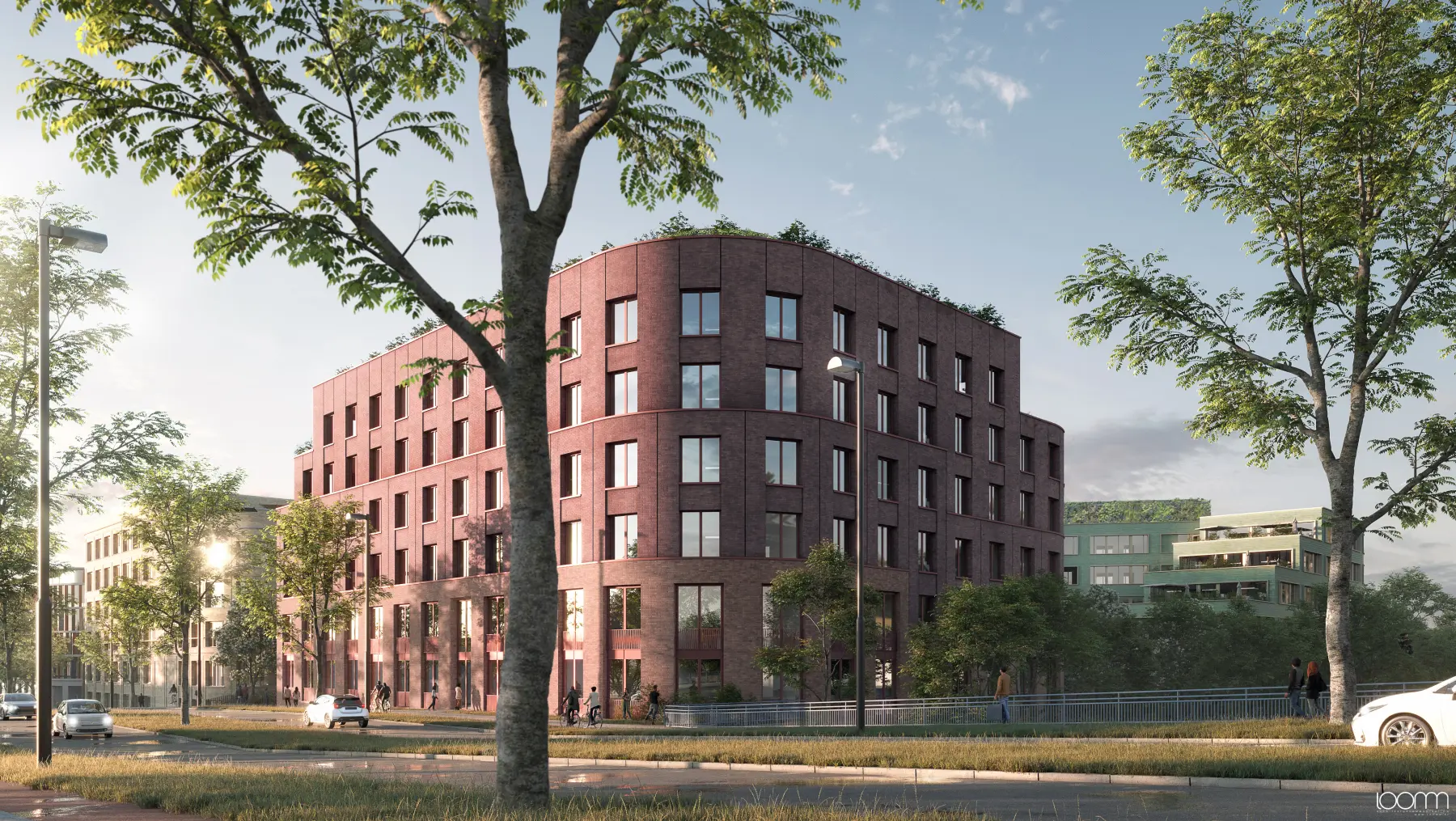 Isometrische Zeichnung eines Bauprojekts mit mehreren Gebäuden und markierten Strukturen in Rot