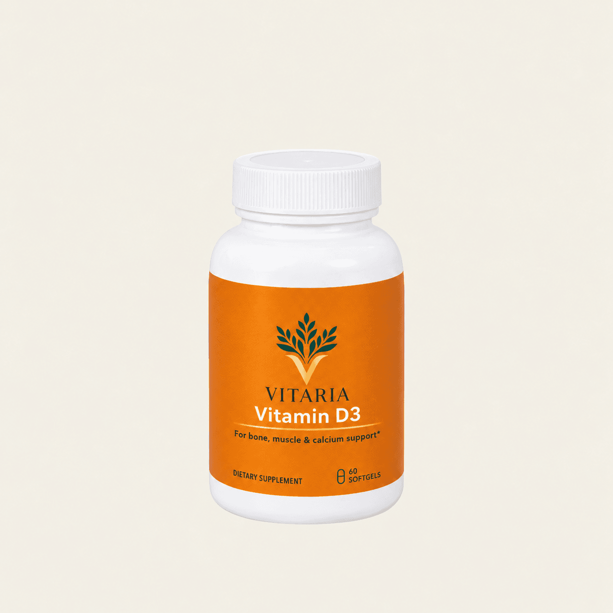 Front-facing Vitaria Vitamin D3 bottle on a warm ivory background