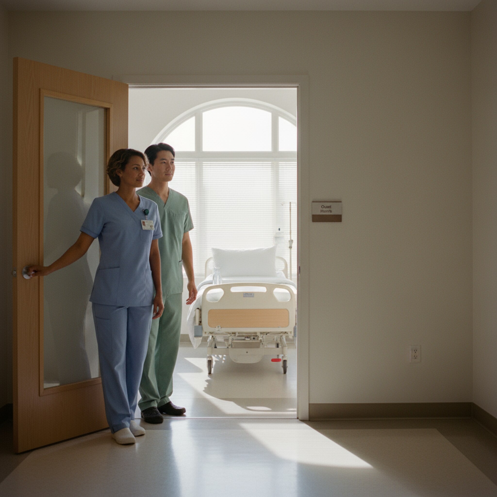 Ein ruhiger Stationsflur am Morgen, Pflegekräfte schieben leise eine Tür auf. In einem hellen Zimmer ist das Bett frisch bezogen, die Sonnenblenden sind halb geöffnet und ein Beistelltisch steht bereit. Ein dezentes Schild weist auf Ruhezeiten hin. Die Szene wirkt geordnet, vorbereitet und konzentriert.