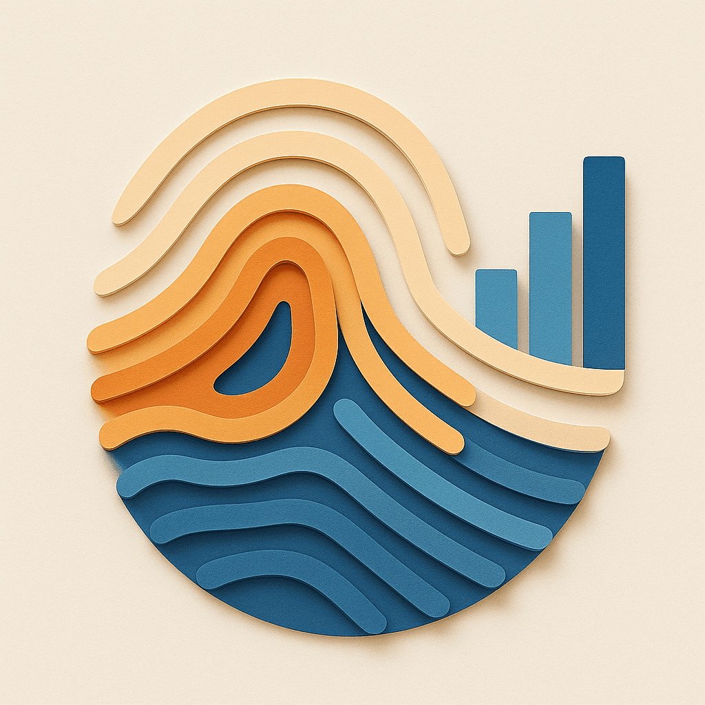 Grafik im Paper-Cut-Stil: Fingerabdruck mit Balkendiagramm – individuelles Persönlichkeitsprofil mit Ergebnisübersicht.