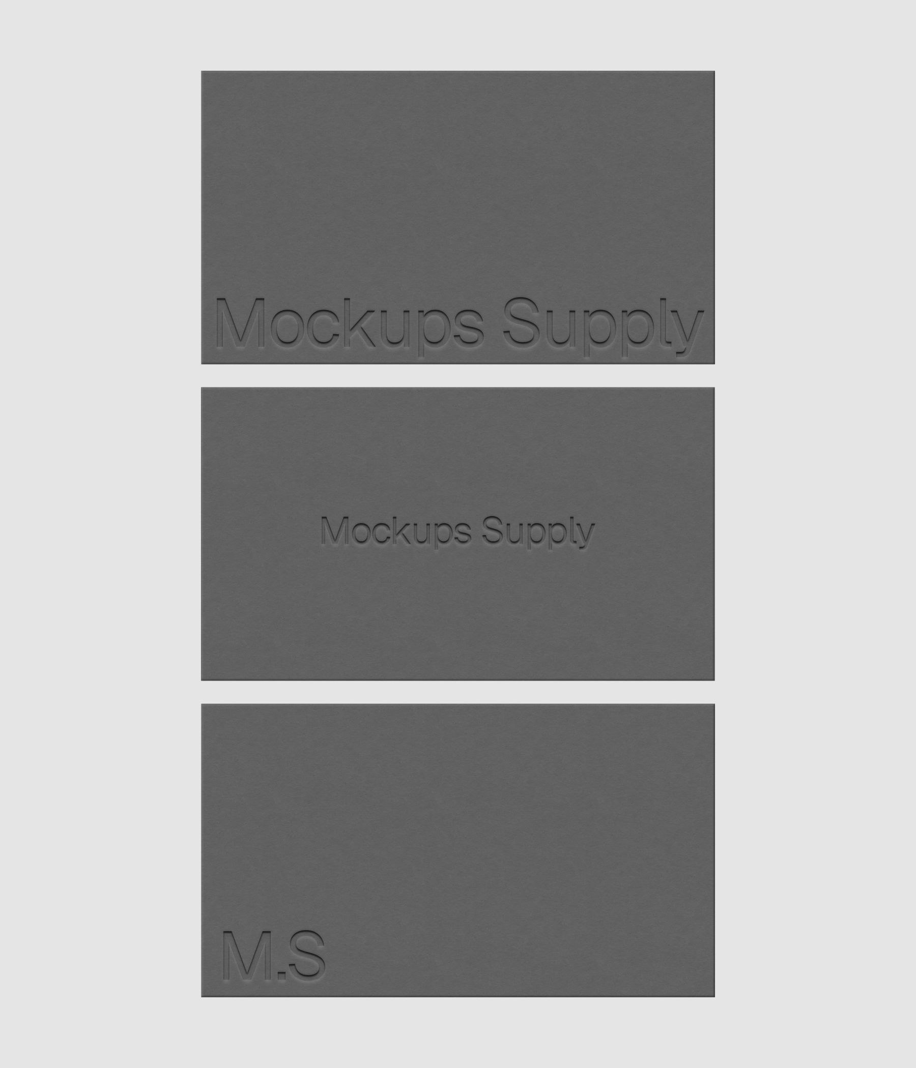 Three business cards mockup PSD US Canada with debossed logo and soft shadow, gray cards on white background, clean modern stationery mockup for brand identity