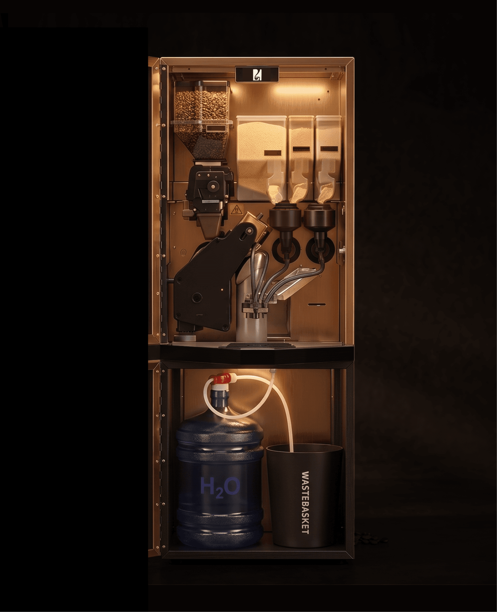 Inside view of the Coffee 24 bean-to-cup coffee vending machine showing bean hoppers, flavour dispensers, water tank and waste basket