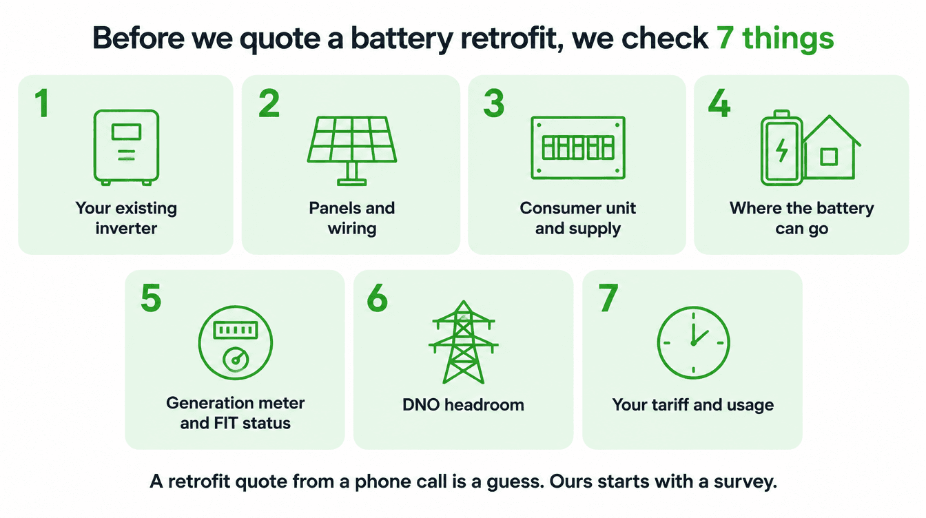 Checklist of the seven things Solar Panels London checks before quoting a battery retrofit