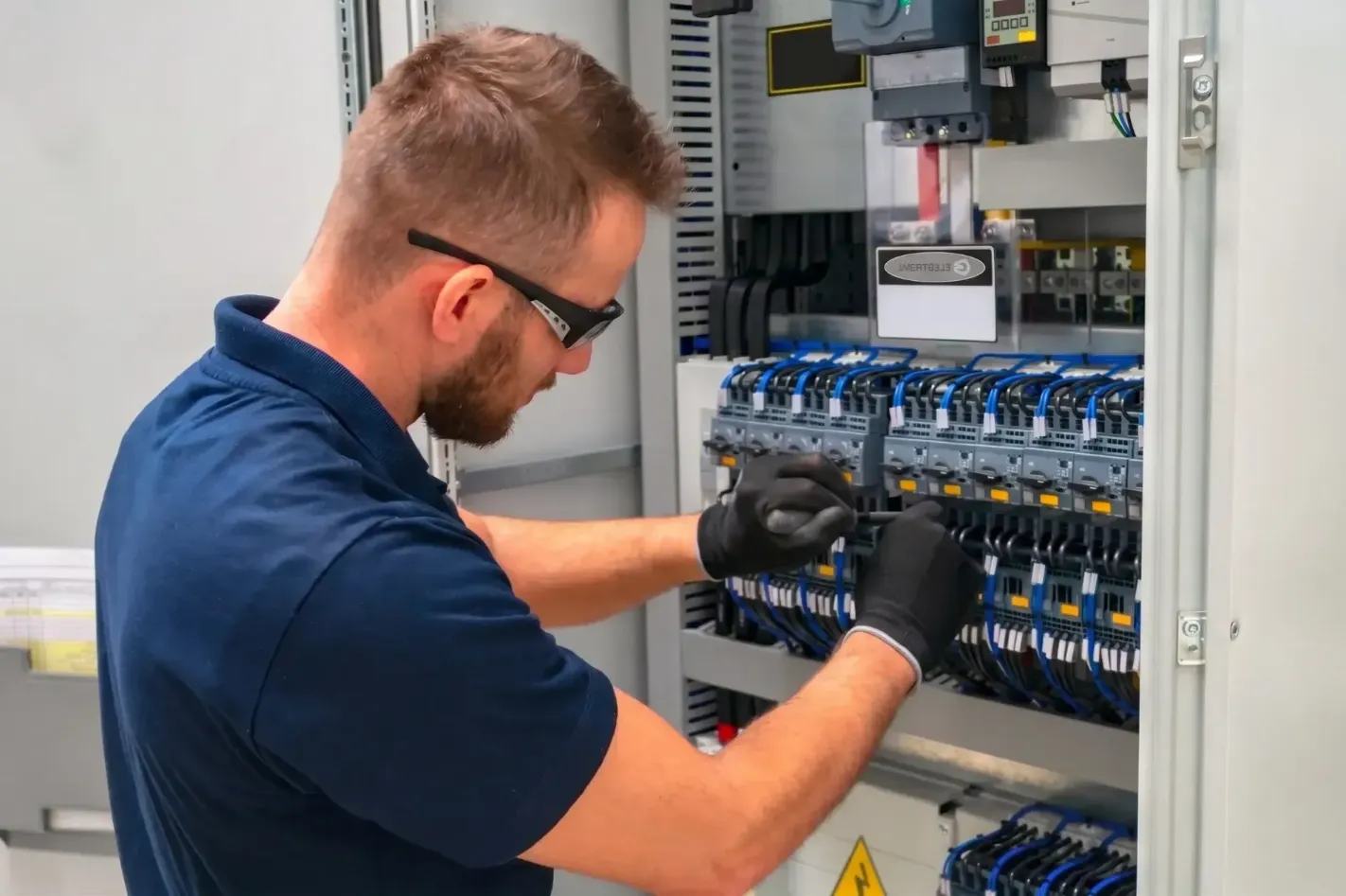 A licensed electrician in a hard hat carefully wiring a wall outlet