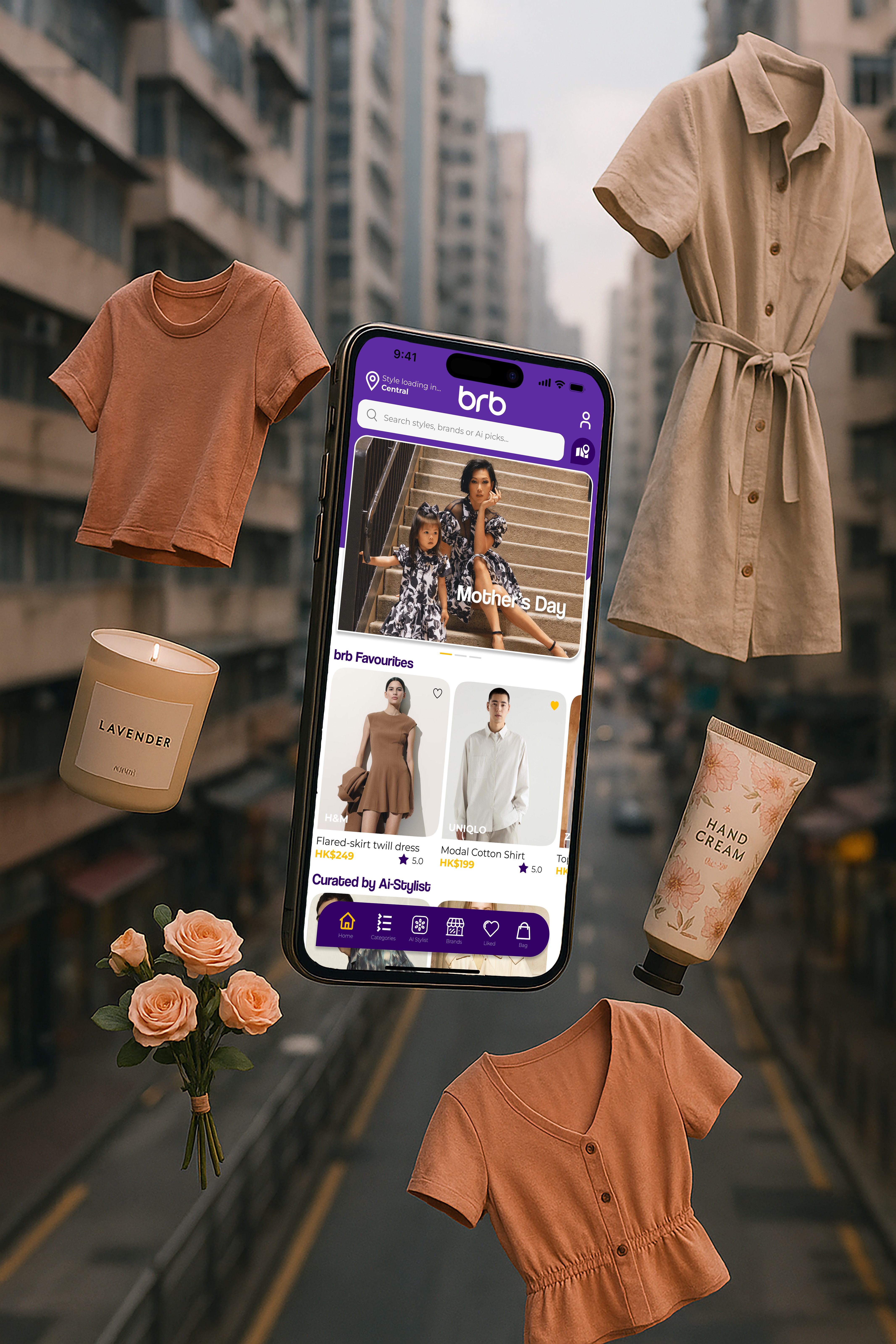 BRB app on smartphone surrounded by fashion, gifts, and flowers, representing 90-minute lifestyle delivery in Hong Kong