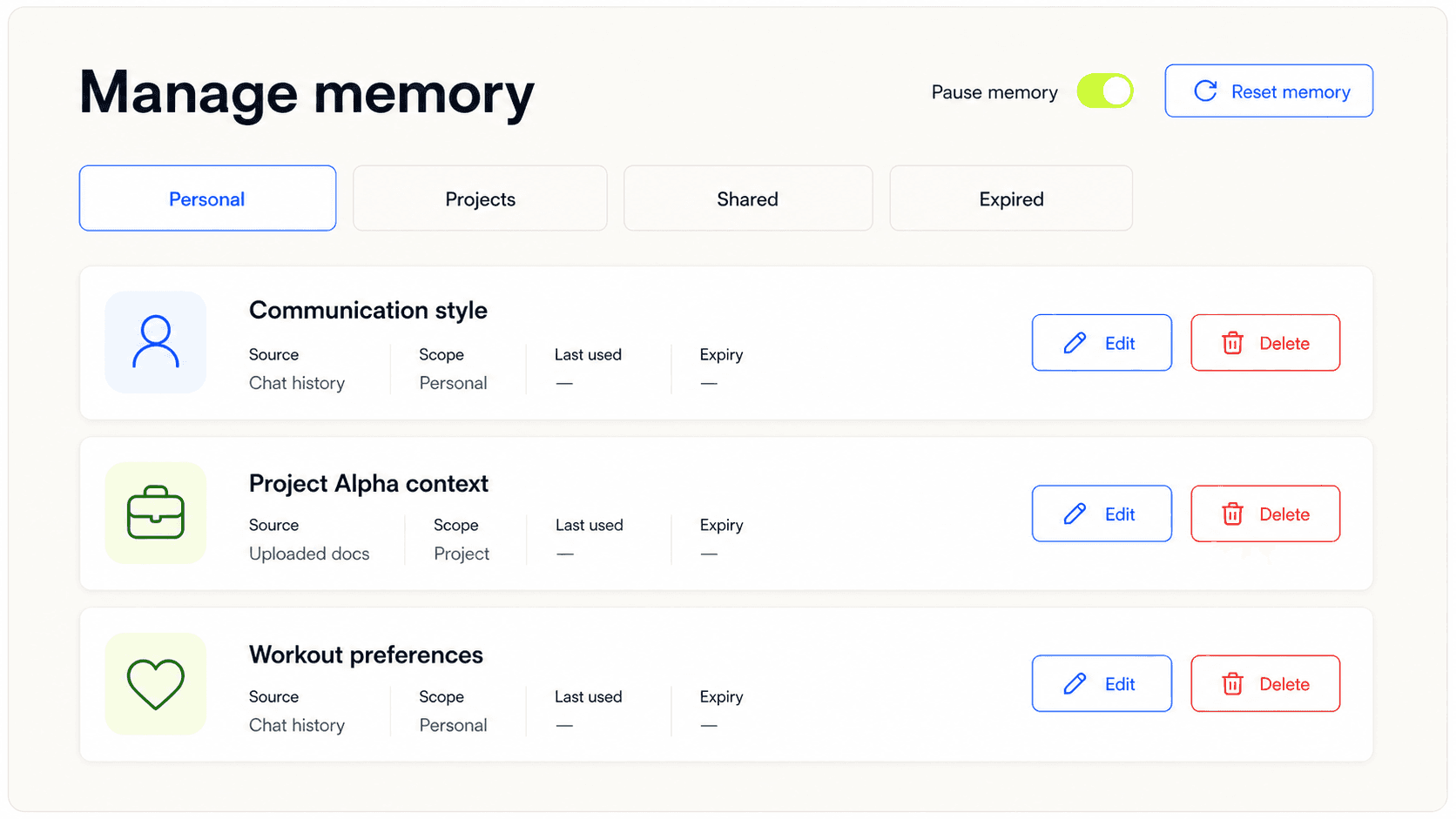 A memory management centre with filters, editable memory rows, pause control, expiry, and reset options.