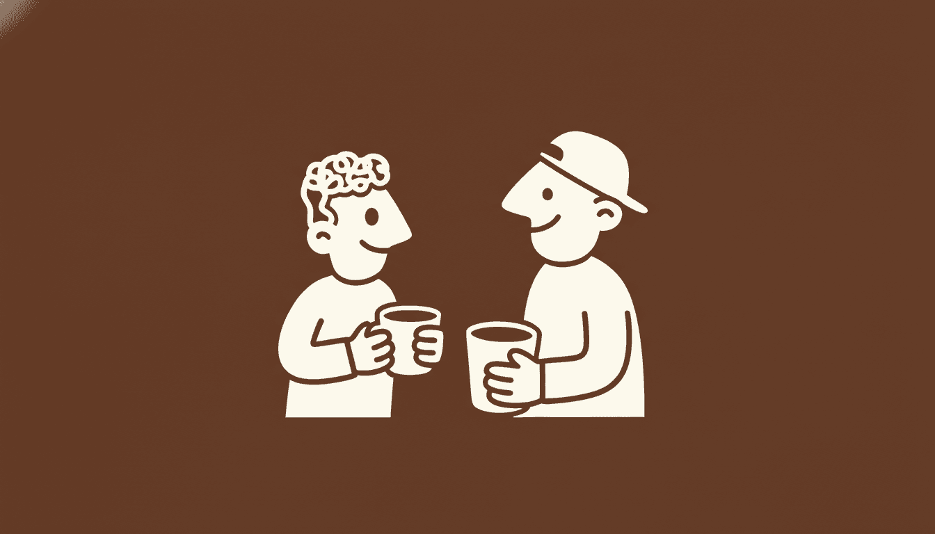 Two pals cheering and discusing over coffee.