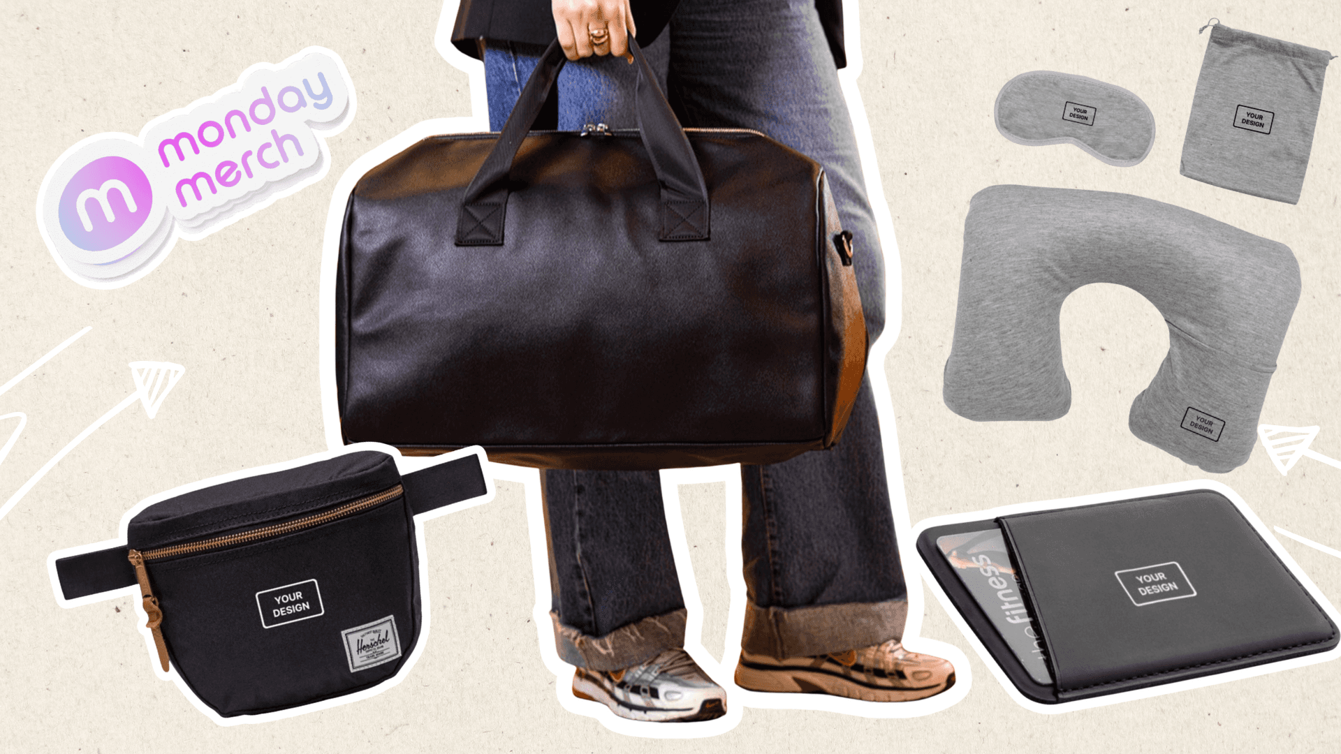 Reisset met een bedrukt duffeltas, heuptasje, laptopsleeve en grijze nekkussen door Monday Merch