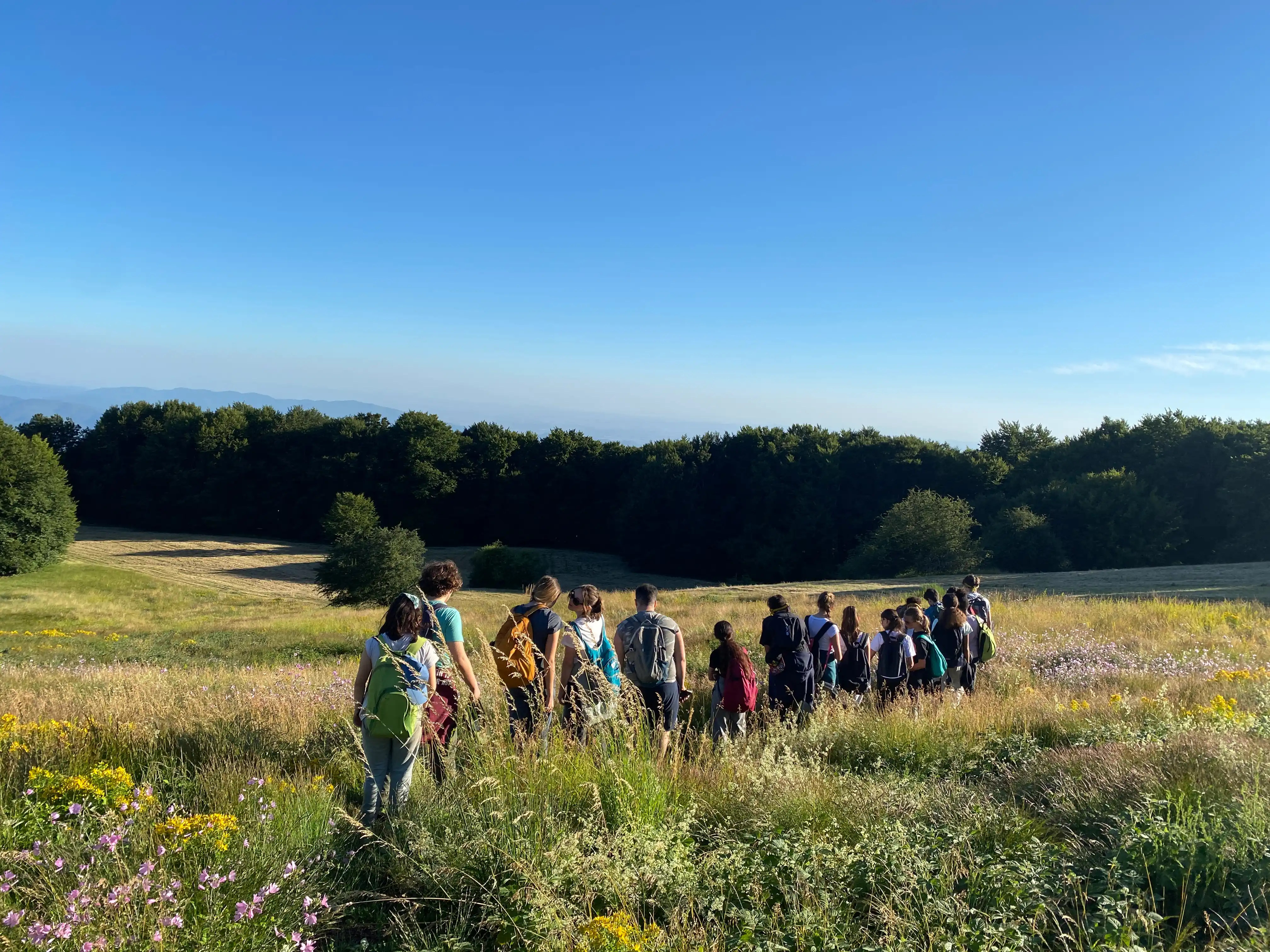 Gruppo di studenti con zaini durante attività di outdoor education in prato fiorito con bosco sullo sfondo, didattica all’aperto ed educazione ambientale nelle scuole