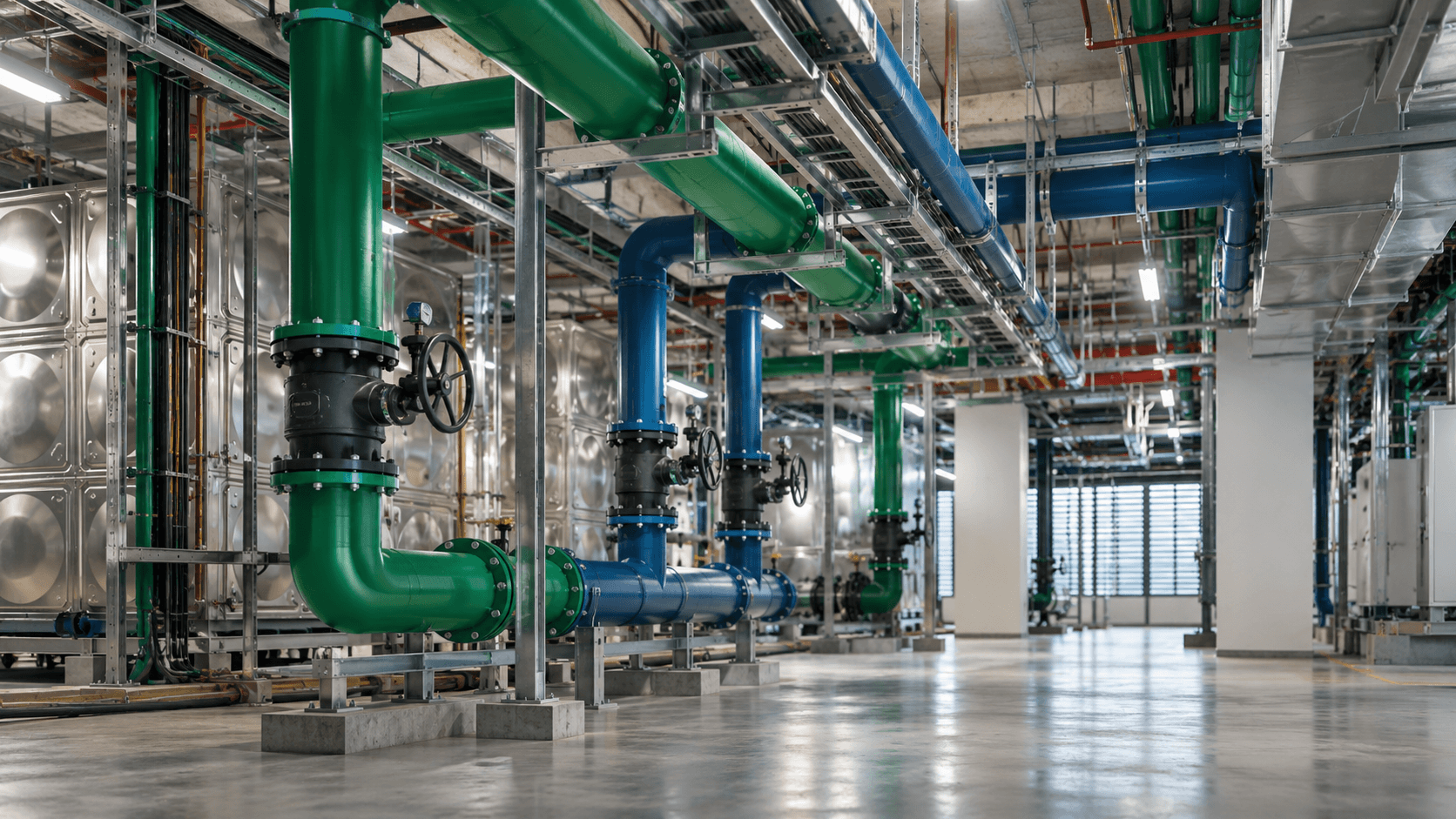 PHE design services for water supply, plumbing, drainage and coordinated building utility systems in a modern mechanical plant room