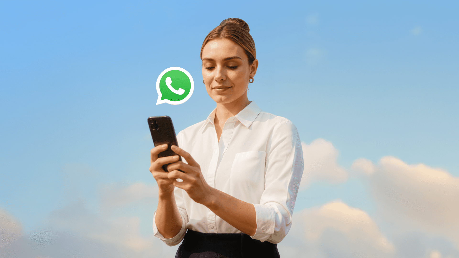 Mulher segurando smartphone com ícone do WhatsApp ao lado, representando o agendamento automatizado via WhatsApp em clínicas com a Tivita.