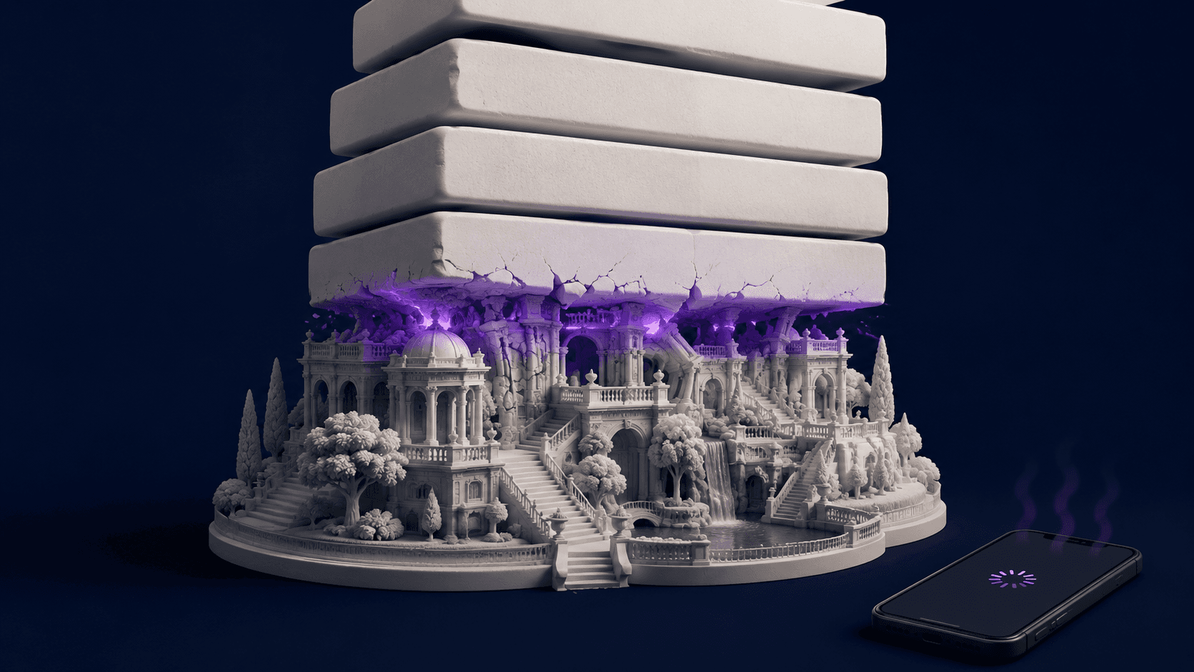 A detailed 3D scene crushed under heavy file-size blocks while a phone struggles to load it