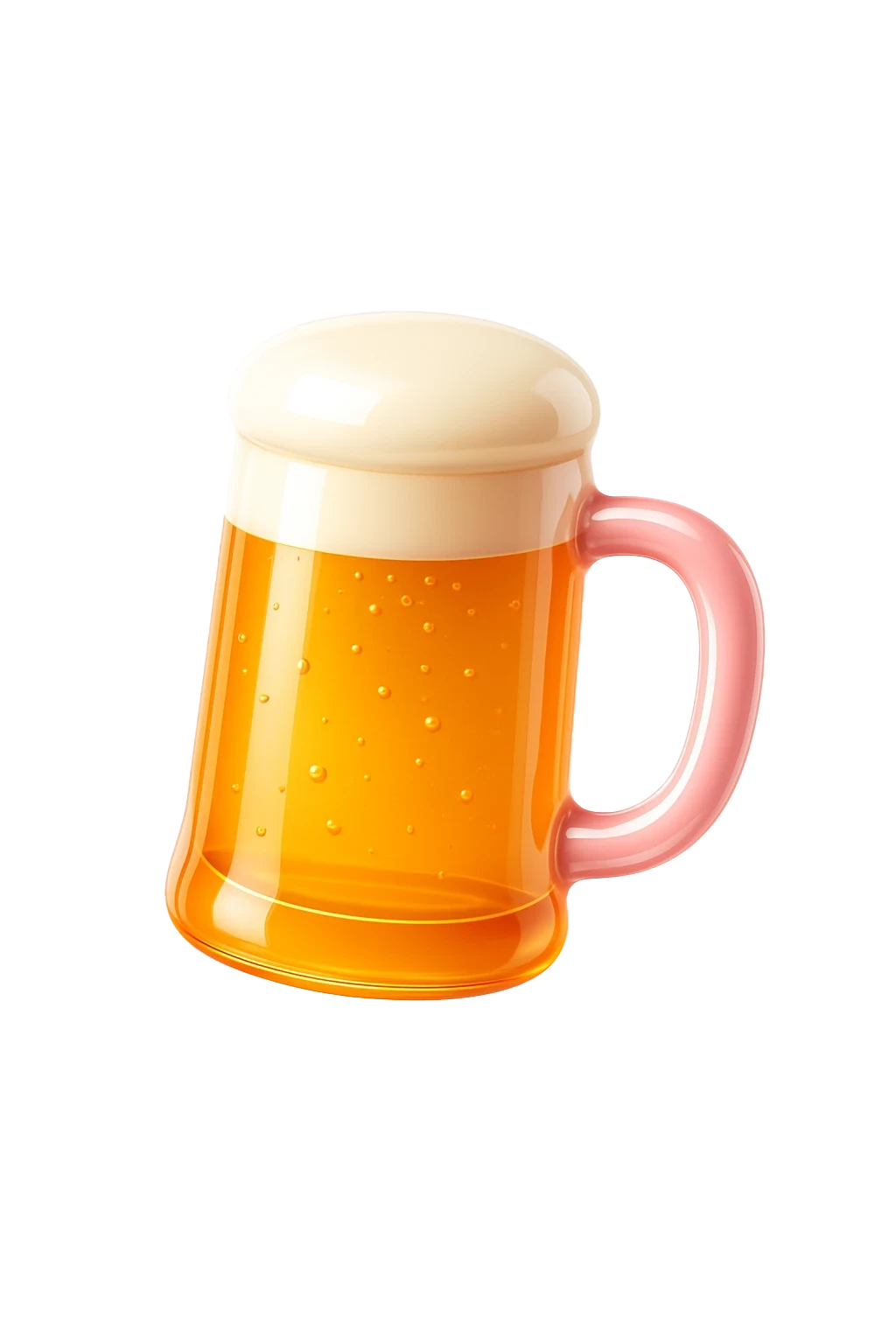 A frothy glass of golden beer with a pink handle, featuring a thick layer of foam on top.