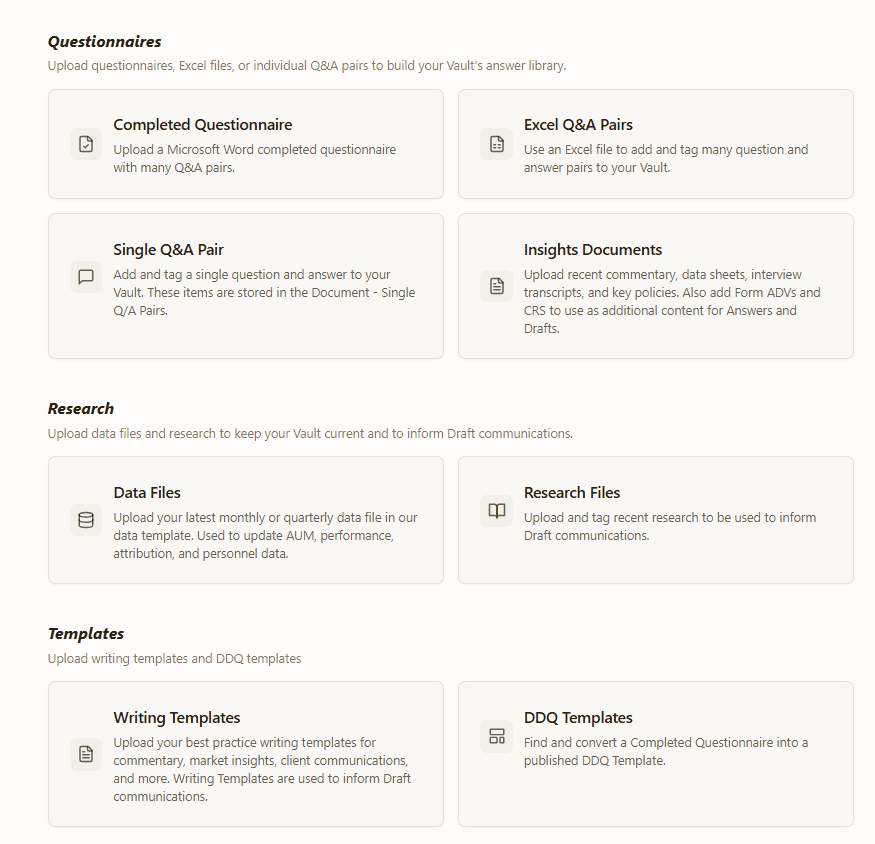 Add Content screen — upload a Completed Questionnaire, Excel Q&A Pairs, Single Q&A Pair, Insights Documents, and other content types