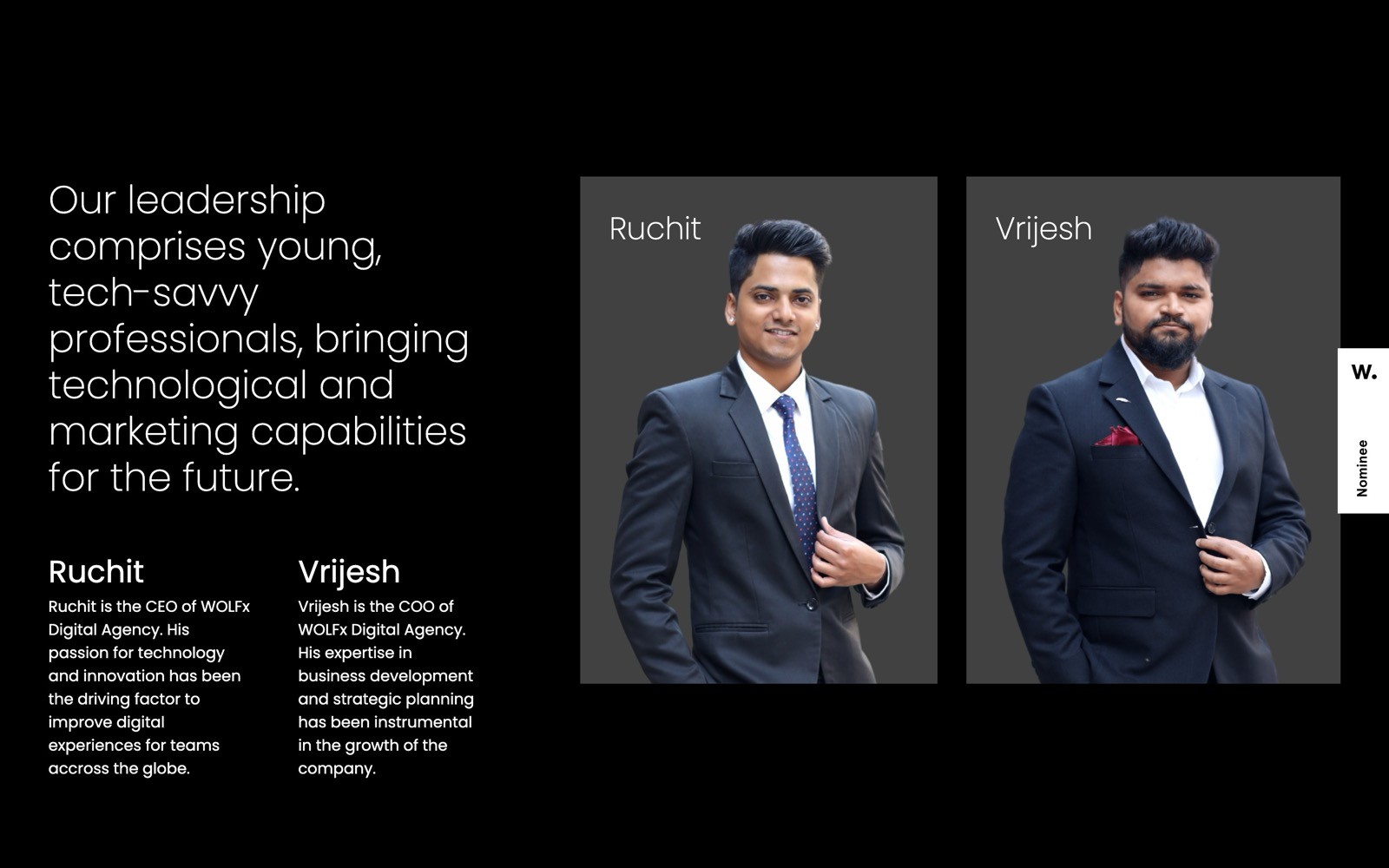 Two men in suits, text beside them. Left: Ruchit, smiling, black suit. Right: Vrijesh, serious, black suit. Text about leadership and innovation.