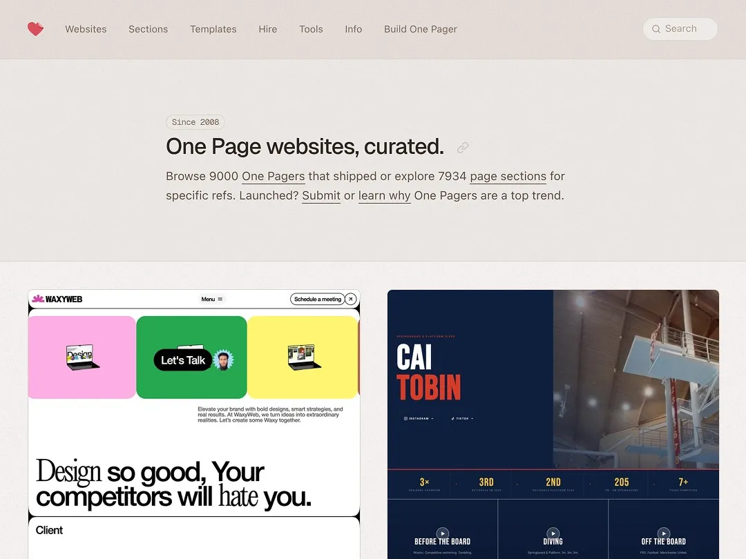 "Curated one-page website examples with colorful design highlights."