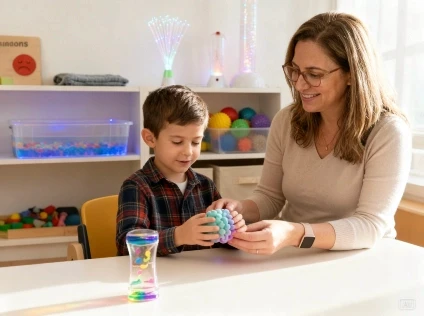 מטפלת בקליניקה של סמדר עציץ מלווה ילד בטיפול לוויסות חושי בעזרת אביזרים תחושתיים, כדורי פיזיו ואזניות חוסמות רעש באווירה רגועה ותומכת.