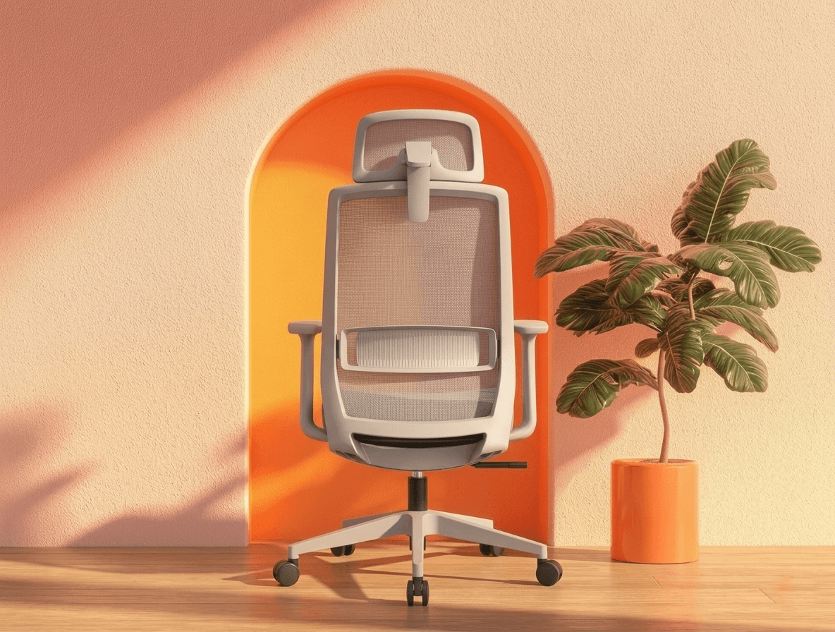 A rear view of a modern ergonomic office chair utilizing a SingOFai Furniture backrest component. The chair features a light-grey breathable mesh back, an adjustable headrest, and integrated lumbar support, set against a minimalist background with a vibrant orange arched alcove and a potted plant. The clean design emphasizes the seamless integration of the backrest with the chair's frame and five-star wheeled base.