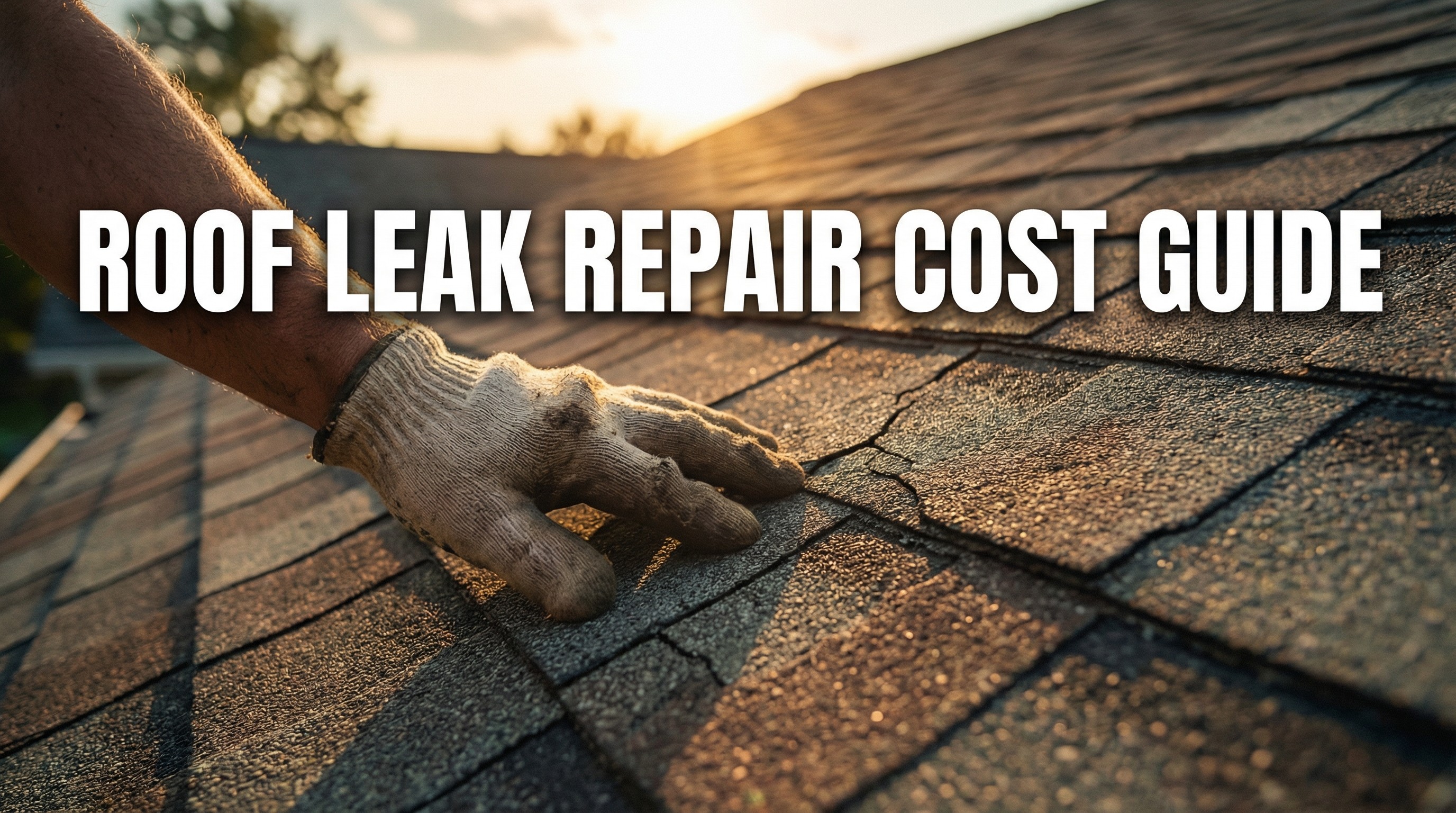 Roof Leak Repair Cost Guide 2026 editorial thumbnail showing a house with roof damage.