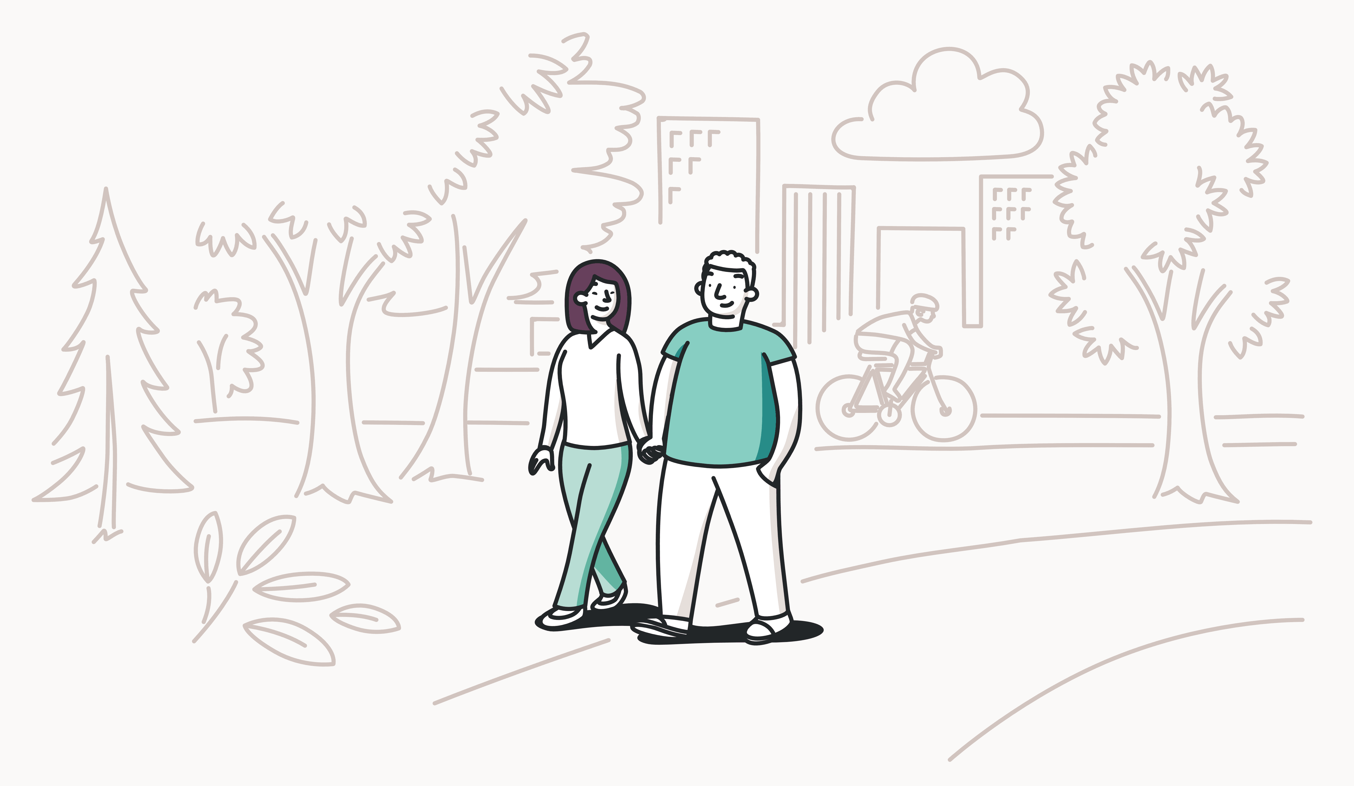 An illustrated couple walking though a light outlined pack background.
