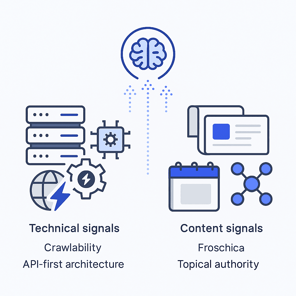 Diagram showing technical and content elements merging to enable AI citation readiness