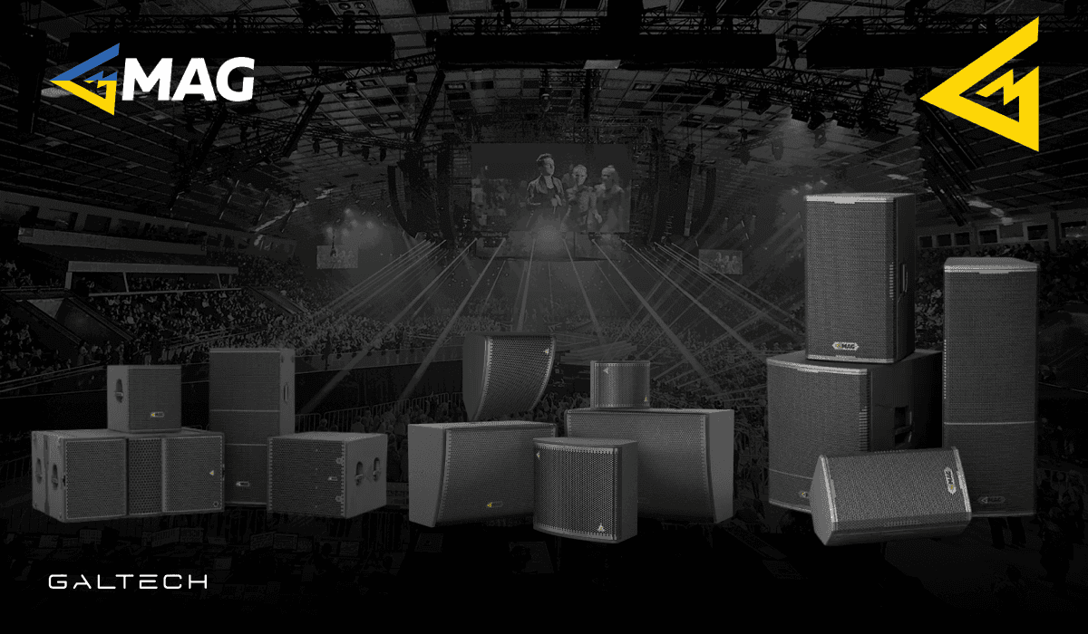 MAG audio speakers displayed on a concert stage