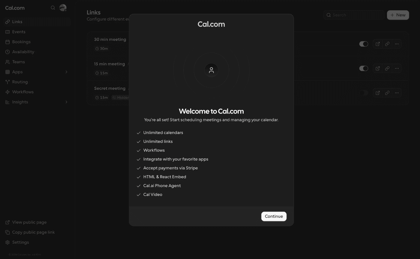 Cal.com's welcome screen listing free plan features, including unlimited calendars and unlimited links