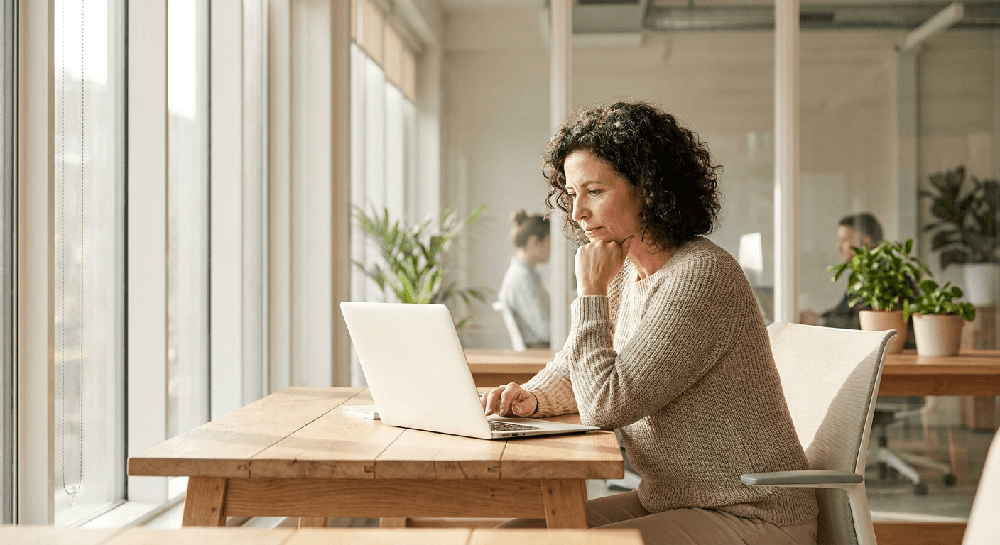 Professional woman in contemplative pose working on laptop at natural wood desk in bright modern office with large windows and natural lighting.
