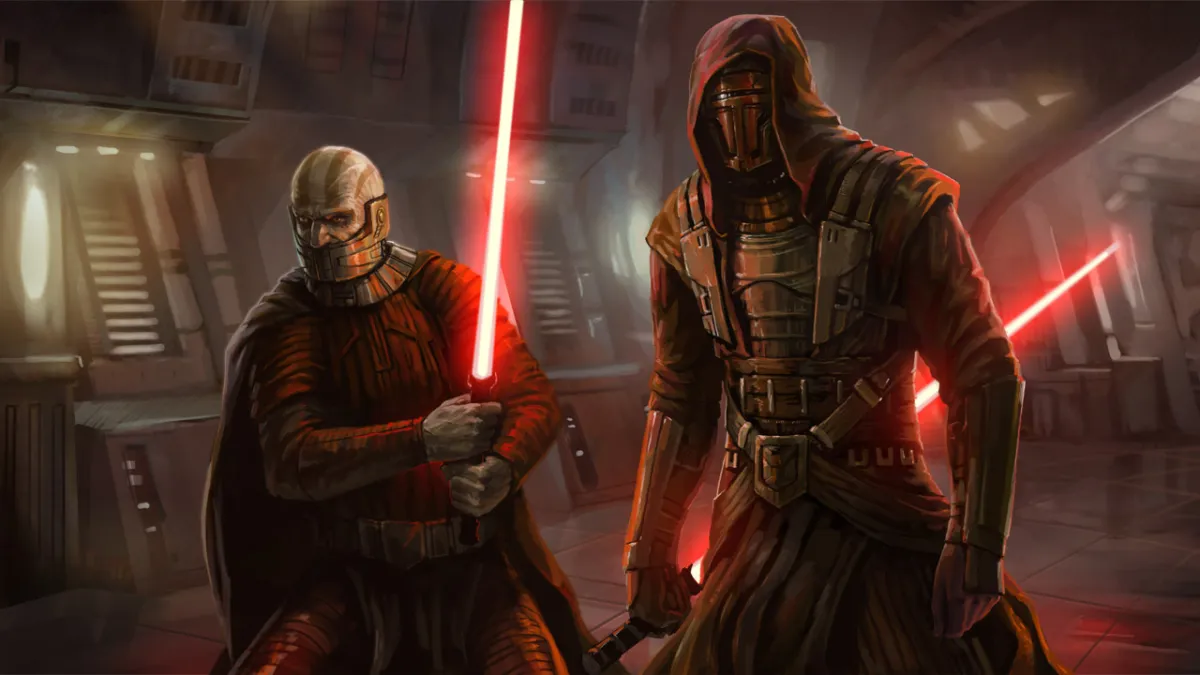 Darth Malak and Darth Revan standing beside each other in a dim hallway. Both Sith Lords have red lightsabers ignited and Revan is wearing his customary mask