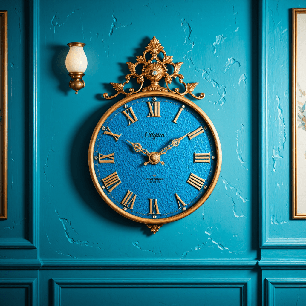 product photography of a decorative wall clock with a blue and gold design