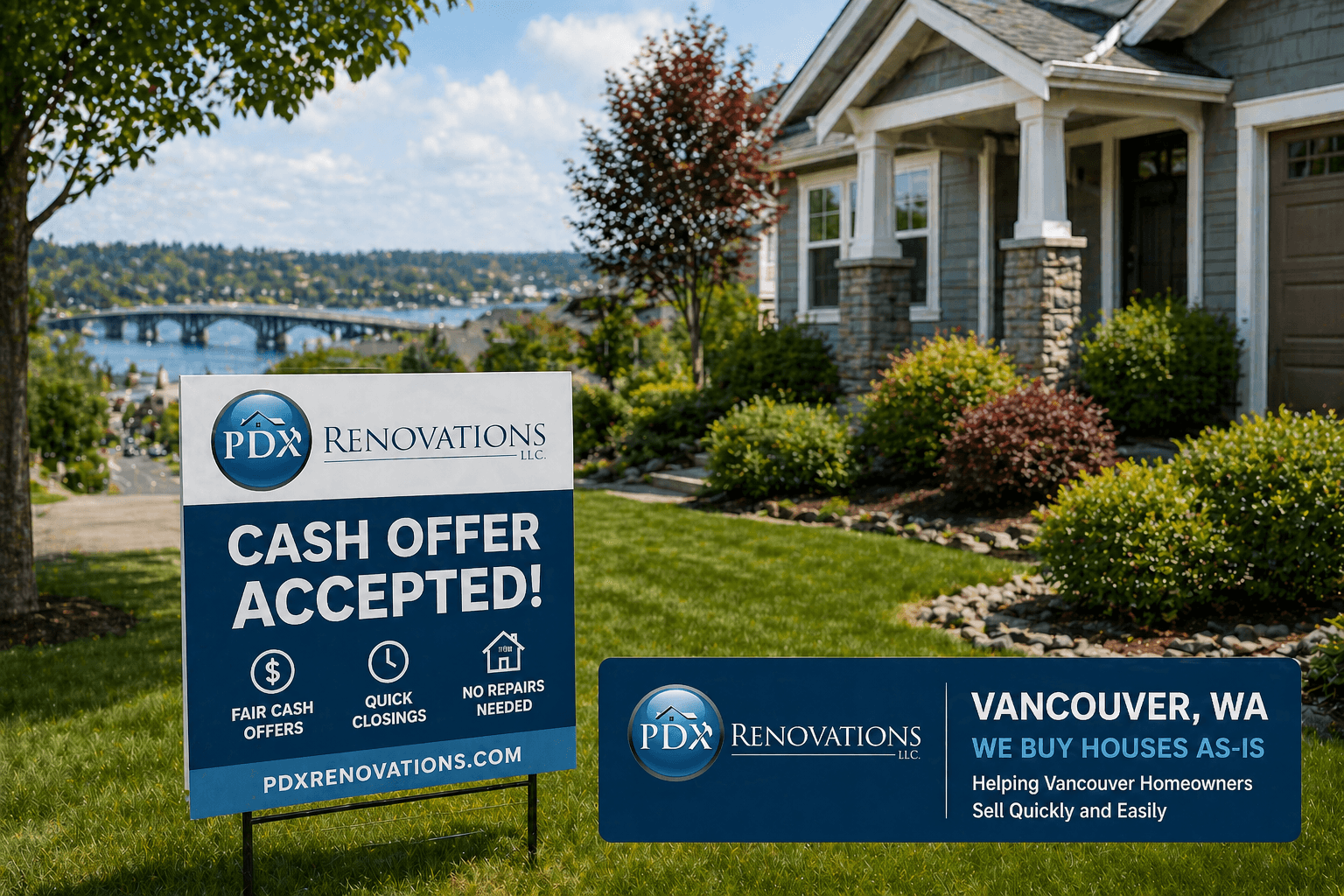 Cash offer accepted sign displayed in front of a house, indicating a successful real estate transaction.