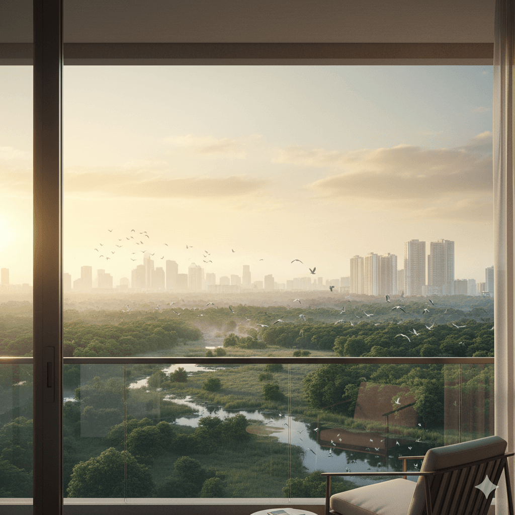 "Panoramic Sanctuary Views": alt="M3M The Address Noida: Balcony view over Okhla Bird Sanctuary."