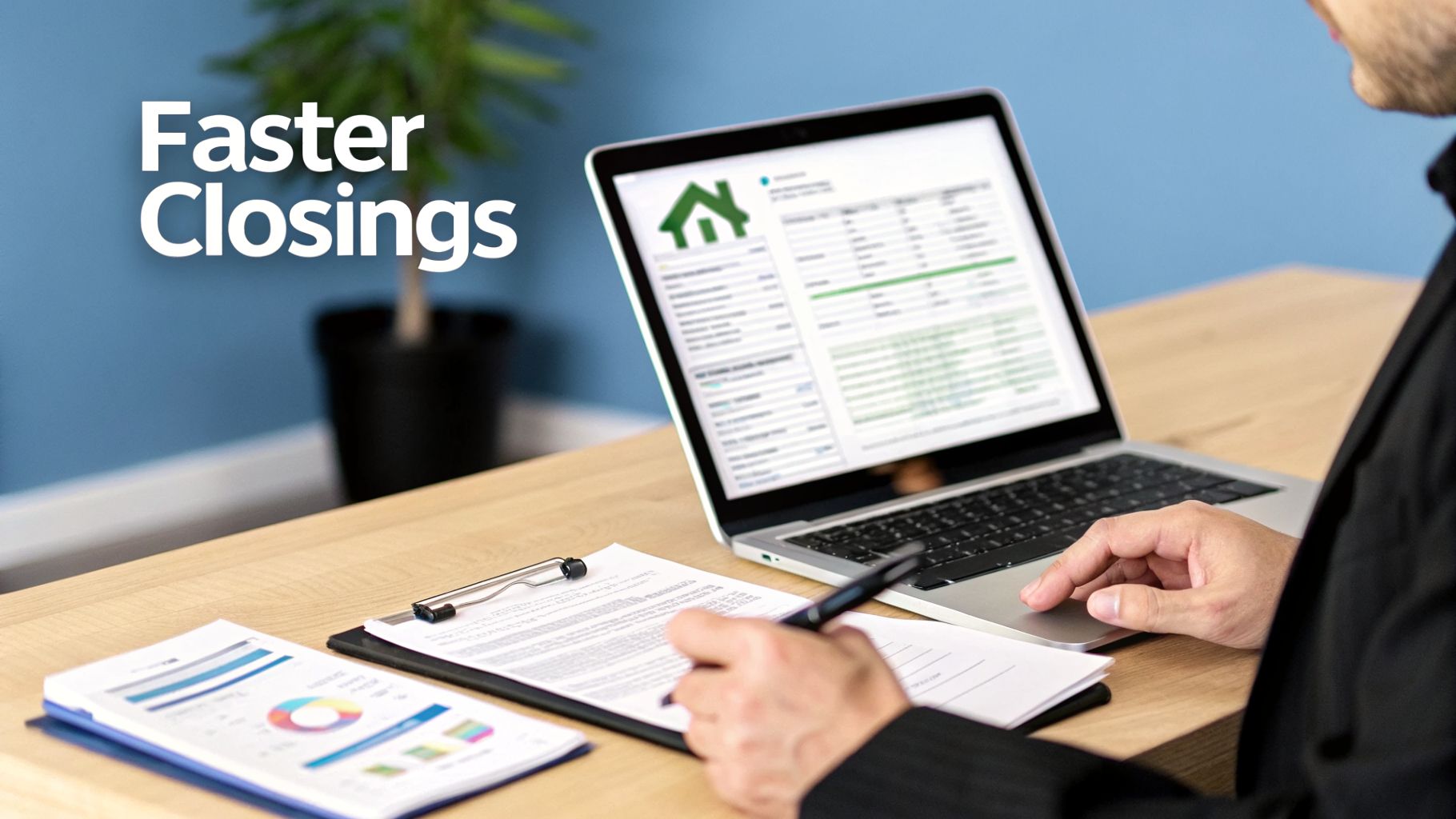 A professional works on a laptop with a real estate app, signing documents for faster closings.