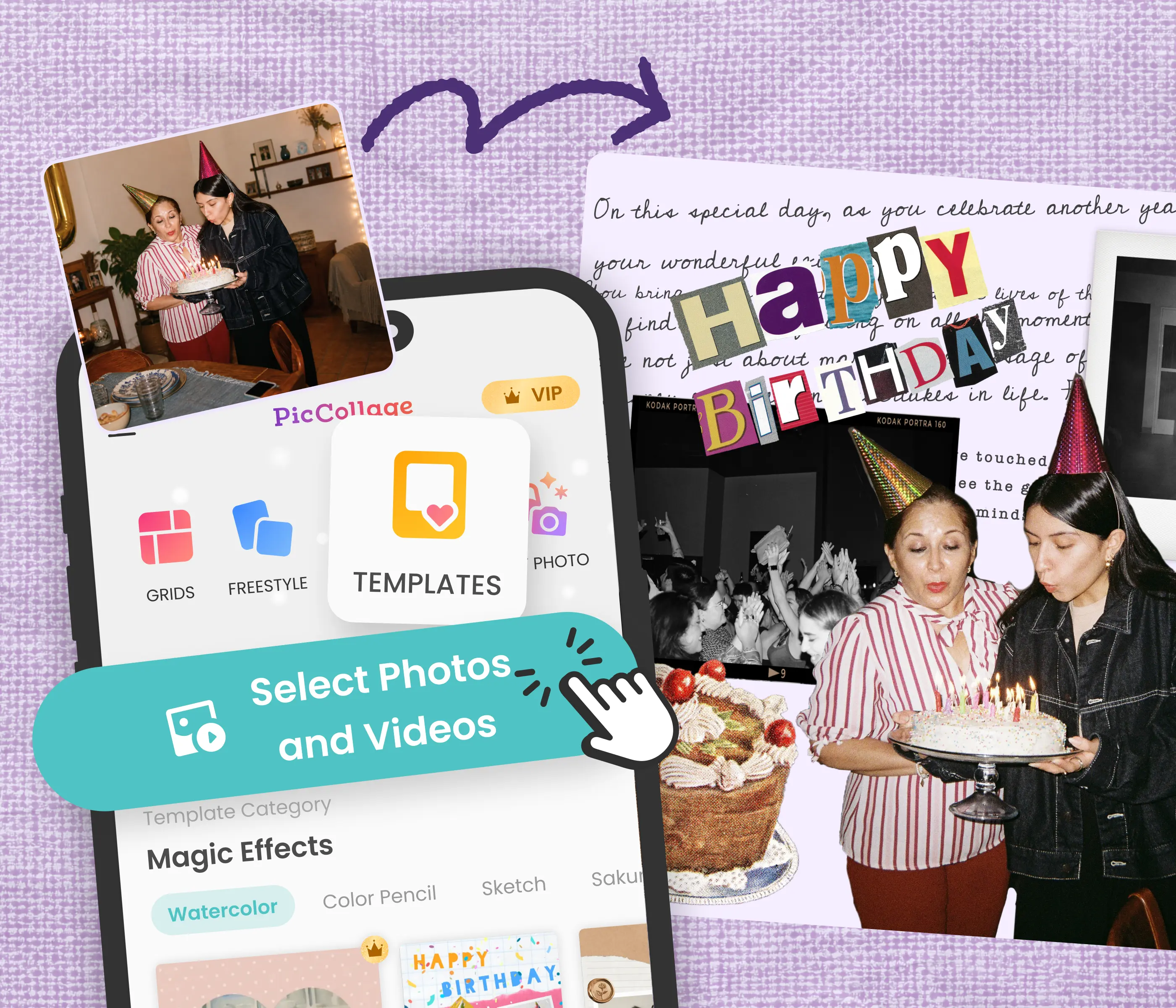 PicCollage app on a phone showing greeting card templates and birthday photo collage design options