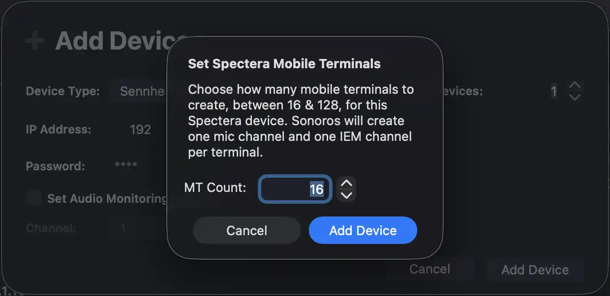 Set the number of mobile terminals required for your spectera unit while adding
