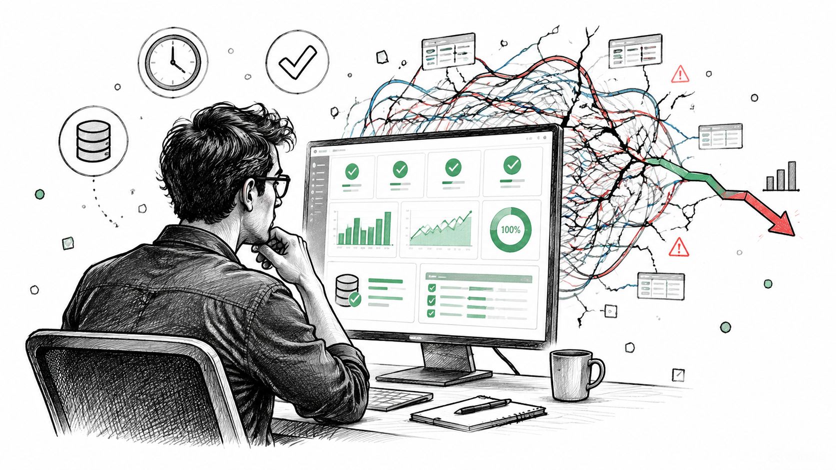 A digital illustration of a focused developer analyzing complex data trends and system performance on a computer screen.