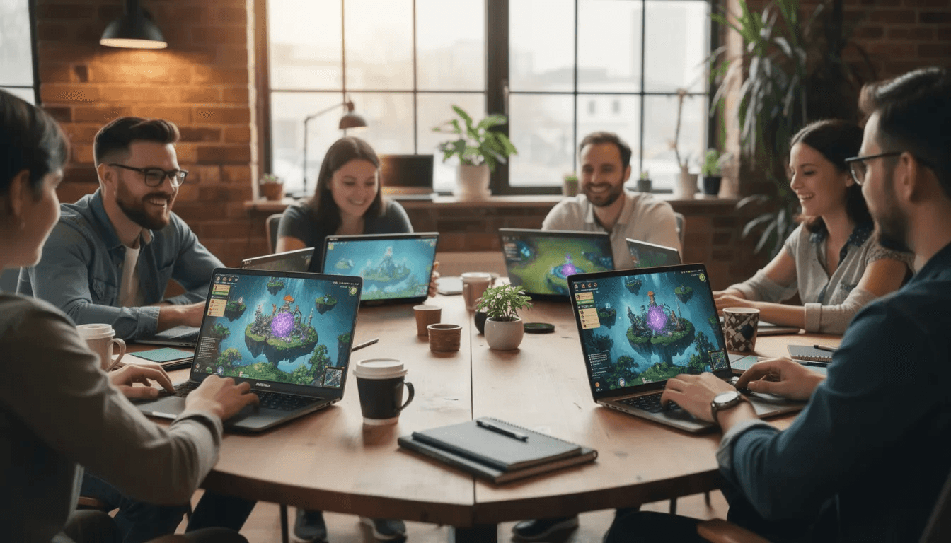A group of people is gathered around laptops in a relaxed workspace, all engaged with screens displaying the same vibrant game world, showcasing their collaborative vibe coding efforts in game development. The atmosphere is filled with creativity and conversation as they explore design choices and game logic together.
