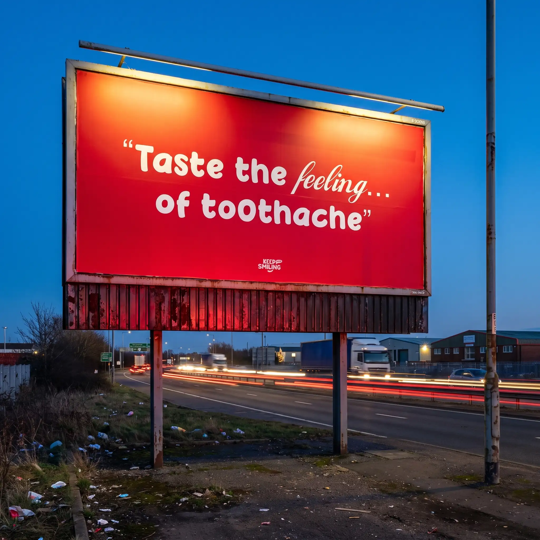 Lit "Taste the feeling… of toothache" roadside billboard at dusk