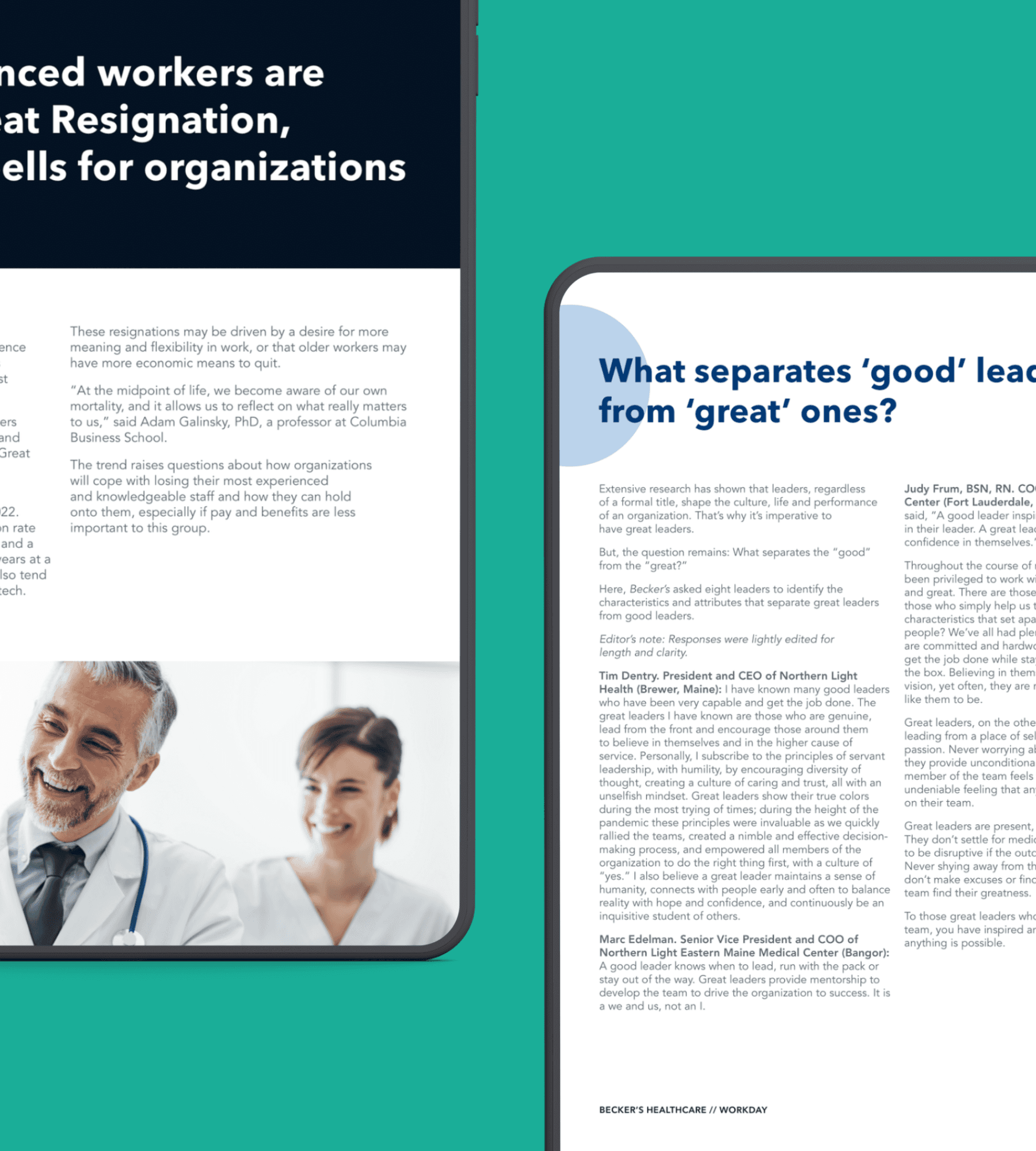 Becker's Healthcare and Workday leadership article shown on two phones