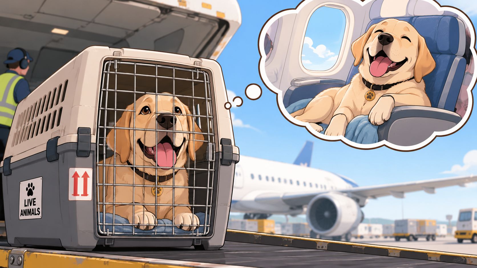A happy golden retriever in an airline crate imagining traveling comfortably in a plane passenger seat.