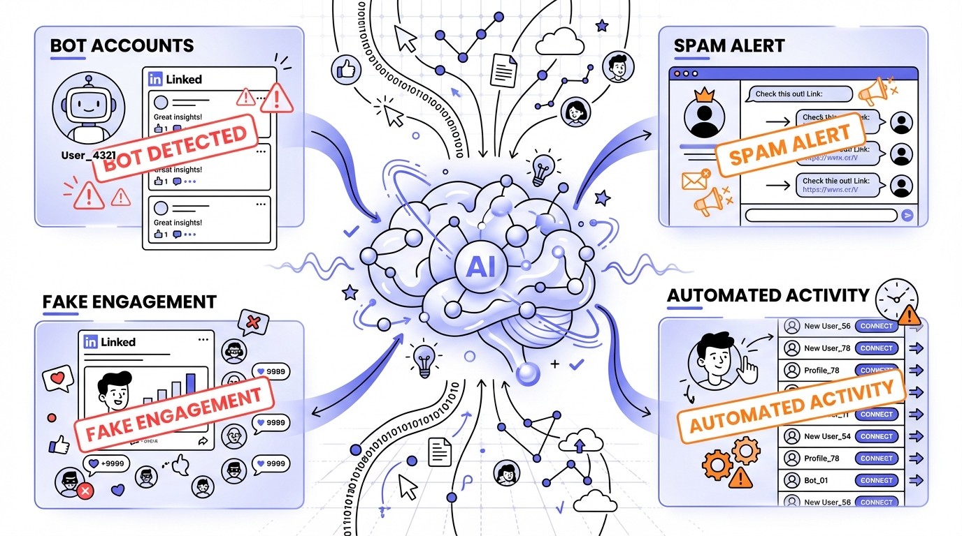 A diagram showing LinkedIn's AI algorithm, represented by a glowing central core, detecting non-human behavior. Four holographic panels illustrate examples of risk: bot accounts, spamming, fake engagement, and automated connection requests, each with a 'detected' or 'alert' overlay.