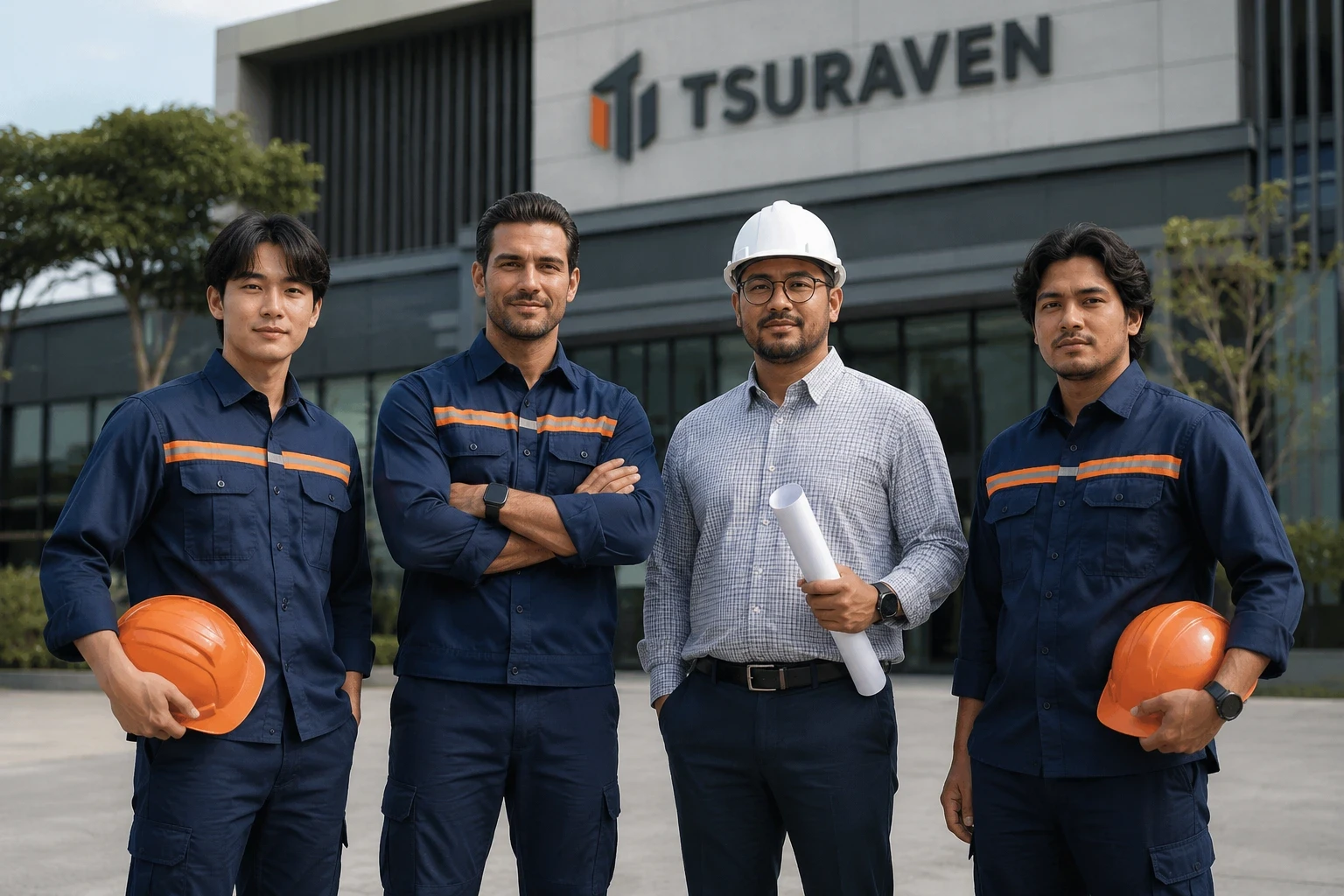 Tsuraven construction crew posing together outside the company headquarters