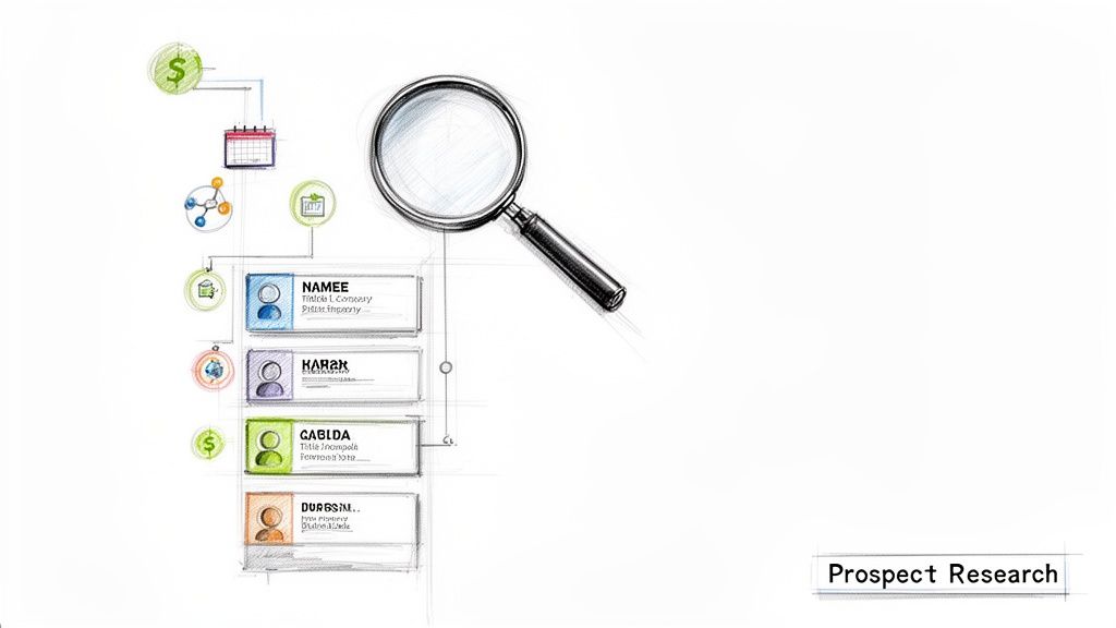A sketch illustrating prospect research process with icons, a magnifying glass, and prospect profiles.