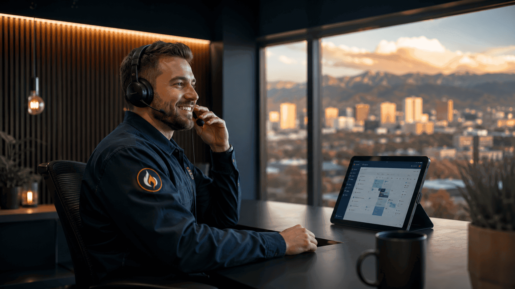 Professional HVAC dispatcher answering a customer call in a modern office with Denver skyline and mountain views at sunset.