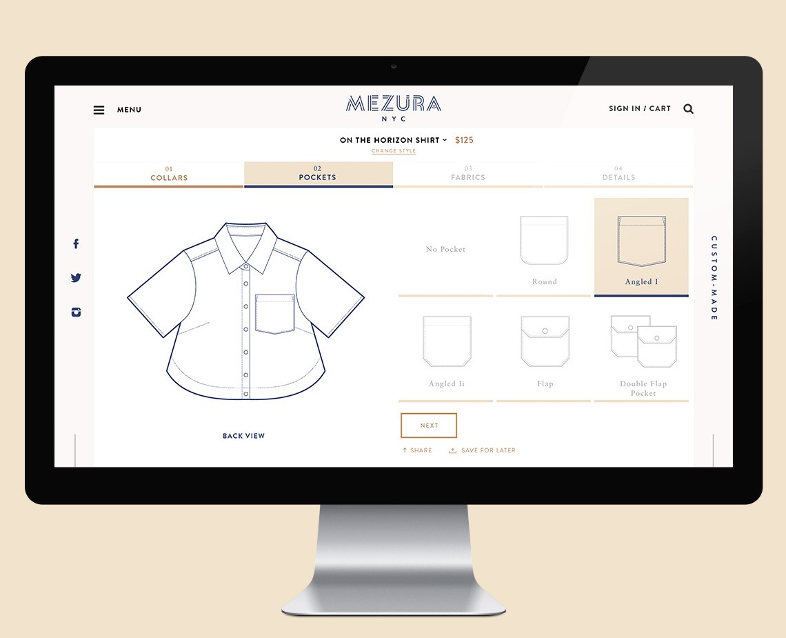 A computer monitor displays a webpage for Mezura NYC's Change Style polo shirt. The webpage features a minimalist design with a light beige background, a menu bar at the top, and a central illustration of a shirt design. The shirt design includes a front view, back view, pockets, fabrics, and customization options including round, angled, and flat styles. The price is $125, and options include no pocket, round, angled I, and double flap pockets. The webpage also includes a "NEXT" button and a "SHARE" button.