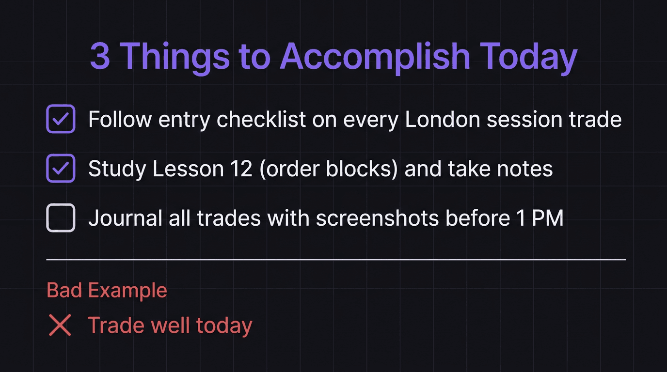 Checklist showing three daily trading goals with specificity examples