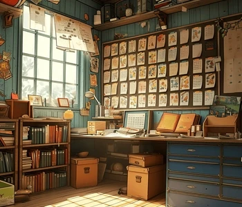 A detailed and organized creative workspace, replete with a wall covered in colorful storyboards and notes, stands as a testament to the meticulous planning behind successful content creation. The sunlit room features a wooden desk cluttered with monitors, books, and various trinkets, reflecting the busy life of a content creator. This image complements the adjacent message 'Content at Scale, from Start to Finish,' promoting Story Inventory's ability to streamline the content creation process from ideation to scheduling