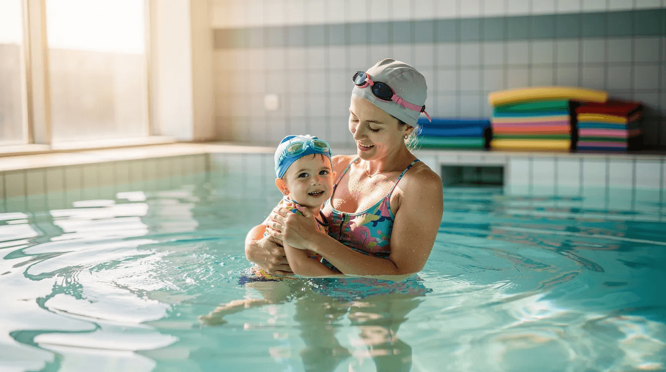 A swimming teacher is gently supporting a young child in a bright indoor pool, helping them build water confidence and develop essential swimming skills at a relaxed pace. This engaging lesson at the swim school emphasizes safety and enjoyment, fostering a valuable life skill for the child.